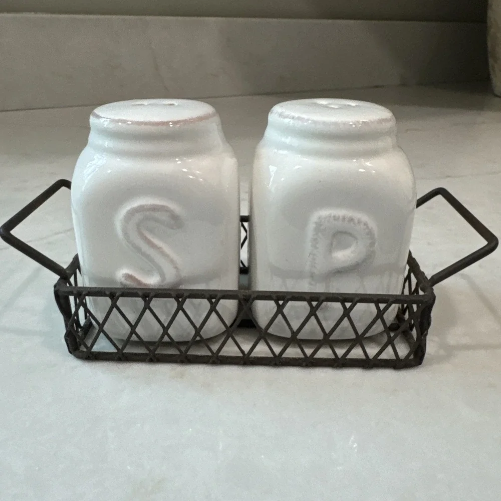 Vintage Milk Jug Style Salt Pepper Shaker with Basket Farmhouse Decor